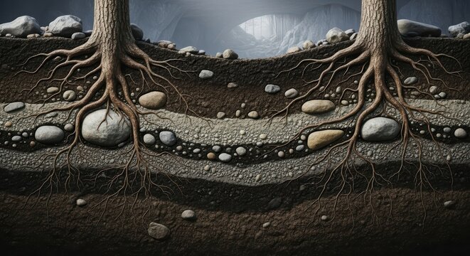 Cross section of forest floor showing tree roots anchoring soil layers with rocks and earth