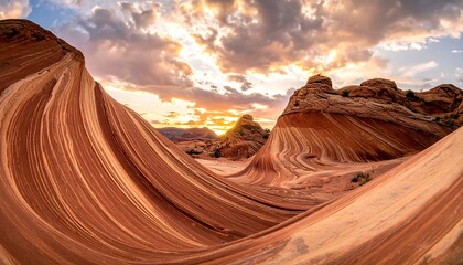 Sunset bathes layered sandstone formations in warm light