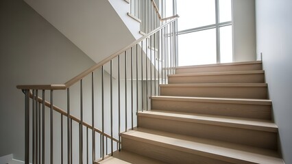 Modern Light Wooden Staircase with Metal Handrail in Bright Interior