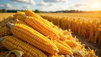 Golden Corn Harvest Abundant Ears Ready for Transport, Sun-Drenched Fields in Autumn