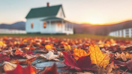 Tranquil autumn sunset over a rural house surrounded by fallen leaves