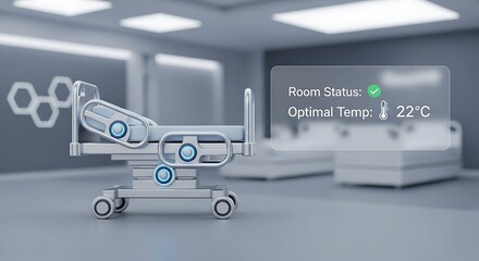 Smart hospital bed displays room status and optimal temperature in modern, clean hospital room, representing healthcare technology and patient comfort.