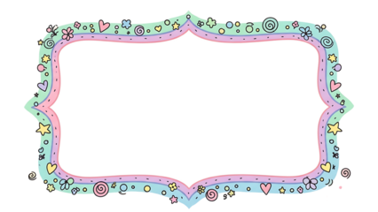 Ornate decorative frame with pastel colors and small whimsical elements isolated on transparent background