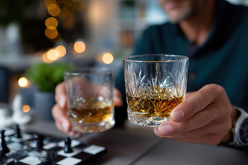 Holding two glasses of whiskey while engaged in a chess game, this image conveys themes of strategy, relaxation, and the joy of intellectual challenge over drinks.
