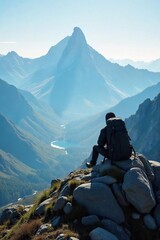 Lone Backpack on Misty Mountain Peak Adventure Travel and Breathtaking Vistas