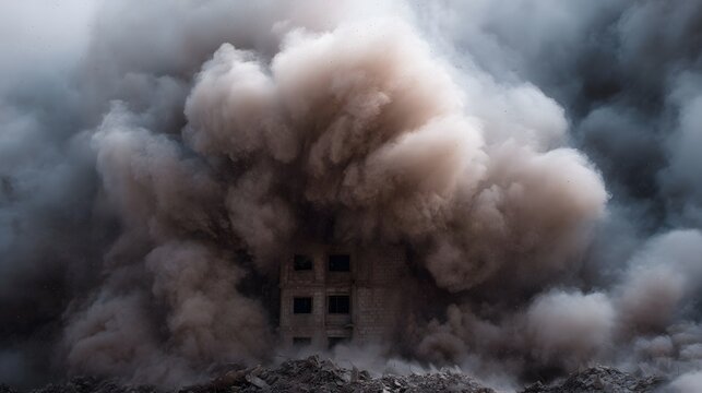 Massive cloud of smoke and debris engulfs a building during a dramatic collapse depicting urban destruction