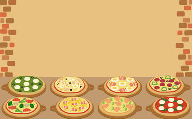 様々なピザが並ぶフレーム　A frame of various pizzas