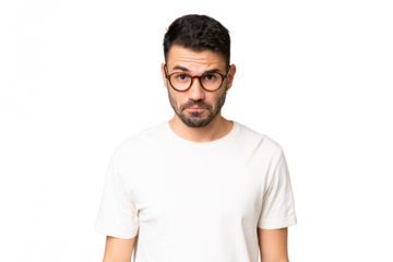 Young handsome caucasian man over isolated chroma key background with sad expression