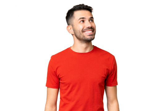 Young handsome caucasian man over isolated chroma key background thinking an idea while looking up