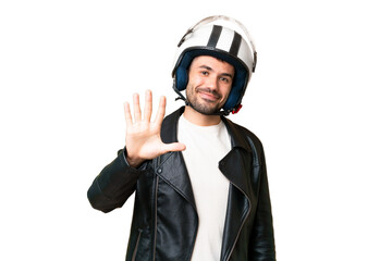 Young caucasian man with a motorcycle helmet over isolated chroma key background counting five with fingers