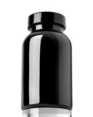 Glossy black plastic closed bottle isolated on white background with clipping path