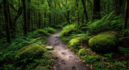 Obraz premium Dirt path through green forest with footprints and sunlight