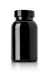 Glossy black plastic bottle with closed cap, isolated on transparent background, suitable for supplements or health products