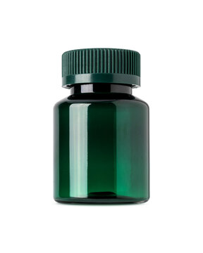 Green plastic bottle with ribbed screw cap, isolated on transparent background, suitable for supplements or medicine packaging
