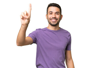 Fototapeta premium Young handsome caucasian man over isolated background pointing up a great idea
