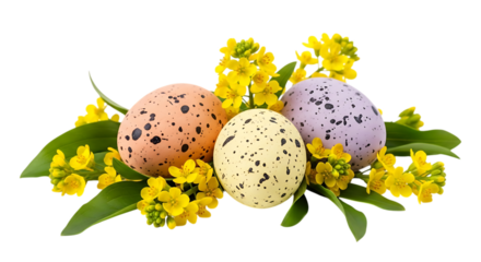 Three speckled easter eggs with yellow flowers and green leaves isolated on transparent background