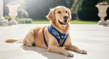 Golden Retriever dog resting in a sunny outdoor environment