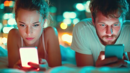 Young couple engaged with their smartphones in a cozy bedroom at night