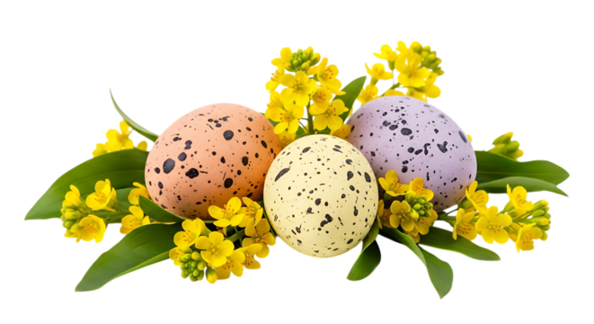 Three speckled easter eggs with yellow flowers and green leaves isolated on transparent background