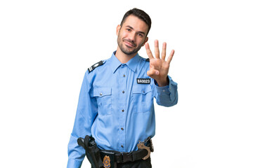 Fototapeta premium Young police caucasian man over isolated background happy and counting four with fingers