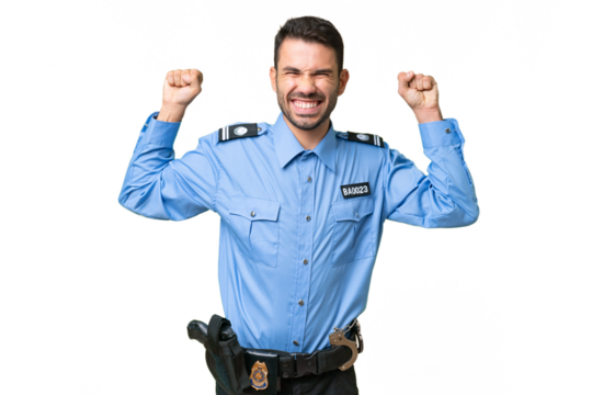 Young police caucasian man over isolated background doing strong gesture