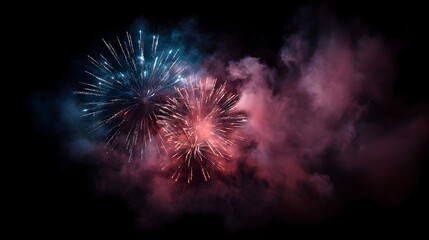 Vibrant fireworks explode in a smoky night sky painting the darkness with brilliant red blue and pink light