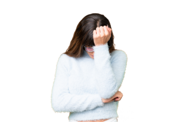 Young caucasian woman over isolated chroma key background with headache