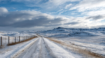 Fototapeta premium Snowfall over desolate oil pipeline stretching across tundra. Life in permafrost conditions, climate change problems on the planet. Global warming