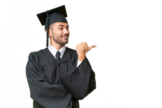 Young university graduate man over isolated background pointing to the side to present a product - Powered by Adobe
