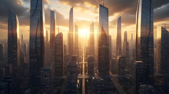 Futuristic city skyline at golden sunset with towering skyscrapers