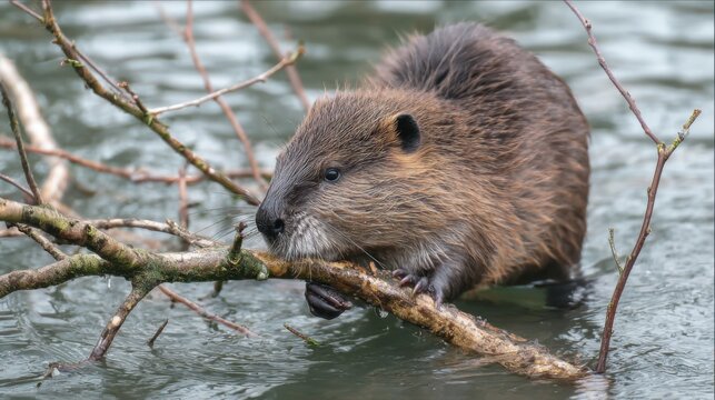 A busy beaver forages for branches in clear water skillfully balancing on a fallen tree trunk. The tranquil environment reflects natural beauty and wildlife activity.