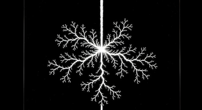 Fractal lightning pattern resembling a starburst or snowflake on a black background, illustrating branching growth and electrical discharge