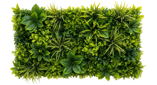 Lush green artificial plant wall panel isolated on transparent background