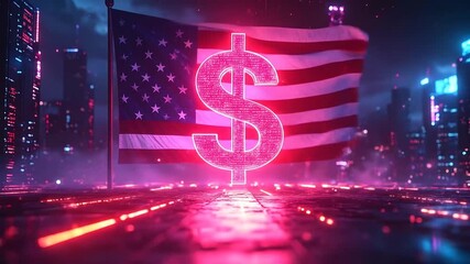 American Financial Future: Dollar Symbol and Flag in Neon Cityscape - Powered by Adobe