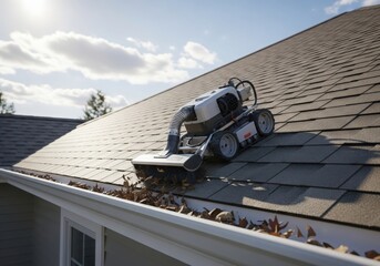 Automated roof cleaning robot removing debris from house roof with solar panels