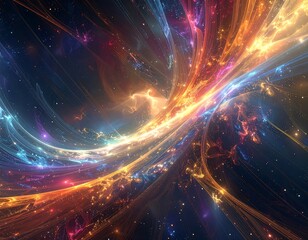 Swirling cosmic energy flows of orange, blue, and red light