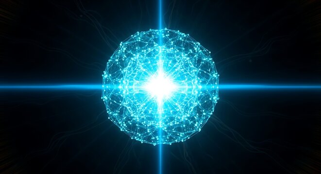 Glowing sphere pulsates with energy in a dark space, representing interconnectedness and technological advancement with a futuristic and dynamic feel. - Powered by Adobe