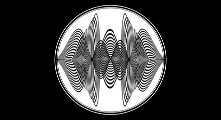 An abstract visual representation of sound waves or a complex waveform, depicted as concentric, distorted lines within a circular frame against a dark background, suggesting audio or signal patterns