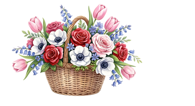 Wicker basket filled with colorful flowers isolated on transparent background - Powered by Adobe