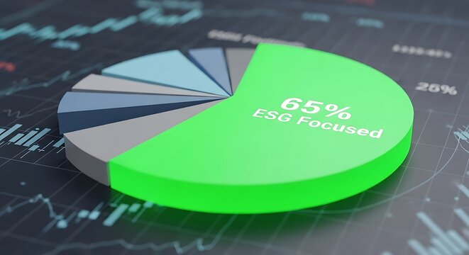 Pie chart showing 65 percent ESG focused investment strategy on stock market data screen representing sustainable finance growth and ethical investing trends.