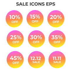 Set of colorful circular sale discount icons with percentage off and special sale dates.