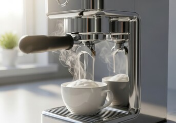 Modern espresso machine brewing coffee into two cups with steam rising