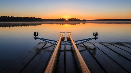 Serene Wooden Dock with Rowboat at Sunset Over Calm Lake