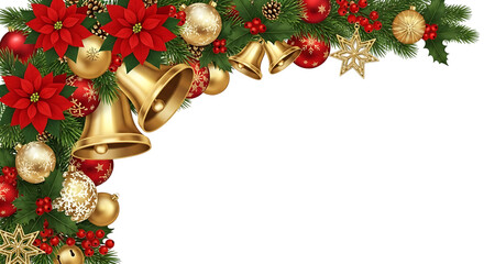 Obraz premium Christmas garland with poinsettias bells and ornaments isolated on transparent background