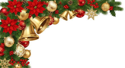 Christmas garland with poinsettias bells and ornaments isolated on transparent background