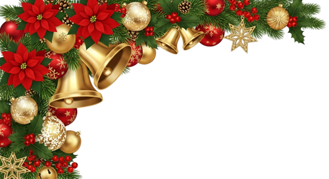 Christmas garland with poinsettias bells and ornaments isolated on transparent background