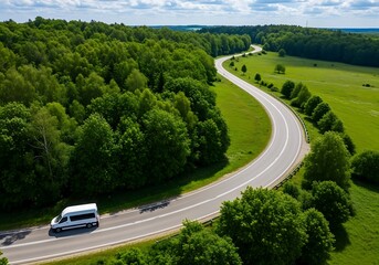 Scenic Road Trip White Van Navigating a Winding Road Through Lush Green Forest