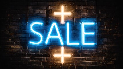 A vibrant neon sign reading sale shines against a textured brick wall attracting attention during evening hours in a retail environment enticing shoppers for special discounts.