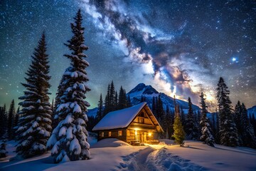 Cozy wooden cabin nestled in a snowy forest under a breathtaking starry night sky with the milky way visible above