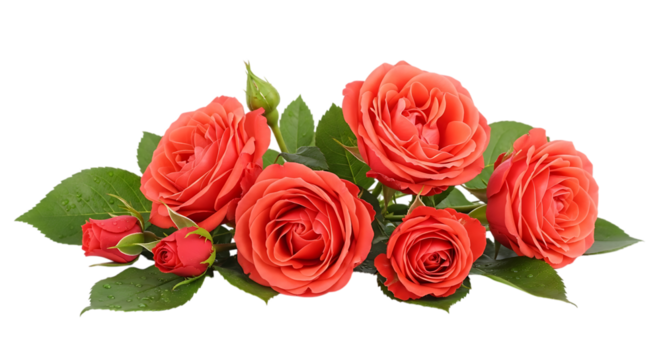 Cluster of coral roses with green leaves isolated on transparent background